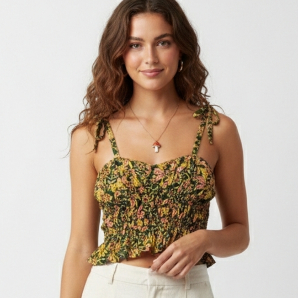 NWT Japna Green Pink Babydoll Y2k Tank Floral Peplum Festival Boho S